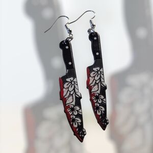 Floral Knife Design Earrings - Black and Red #7